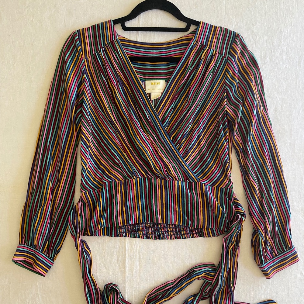 Maeve By Anthropology Multicolor V Neck Wrap Long Sleeve Top w/ Tie Size 4 Small - Picture 3 of 12